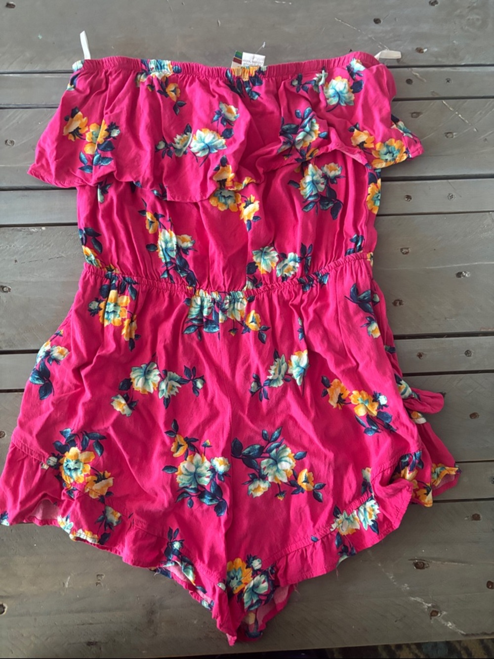 Mini Chica Hot Pink Floral Off-Shoulder Romper with Yellow Accents